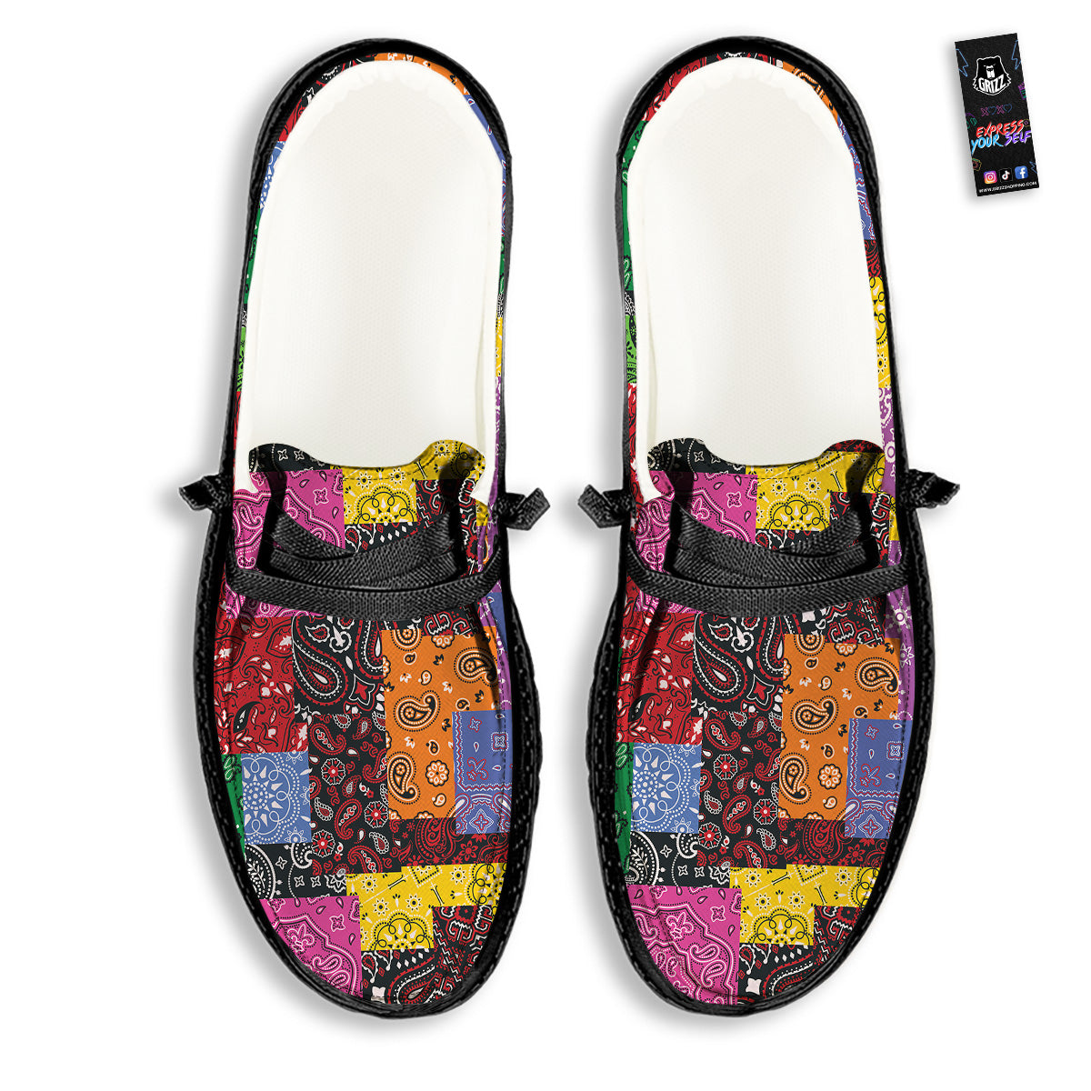 Colorful Patchwork Bandanna Print Pattern Black Loafers-grizzshop
