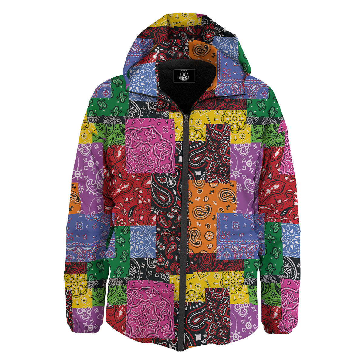 Colorful Patchwork Bandanna Print Pattern Down Jacket-grizzshop