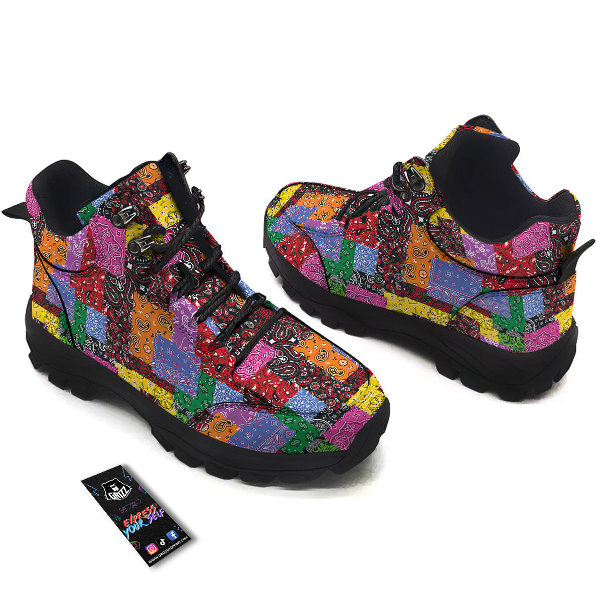 Colorful Patchwork Bandanna Print Pattern Hiking Shoes-grizzshop