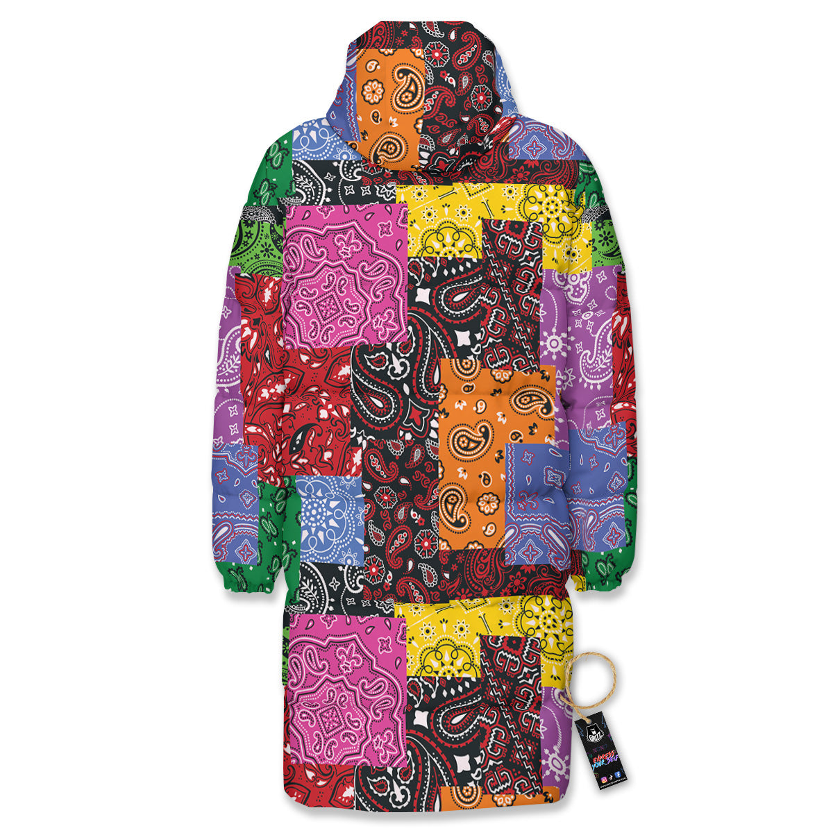 Colorful Patchwork Bandanna Print Pattern Long Down Jacket-grizzshop
