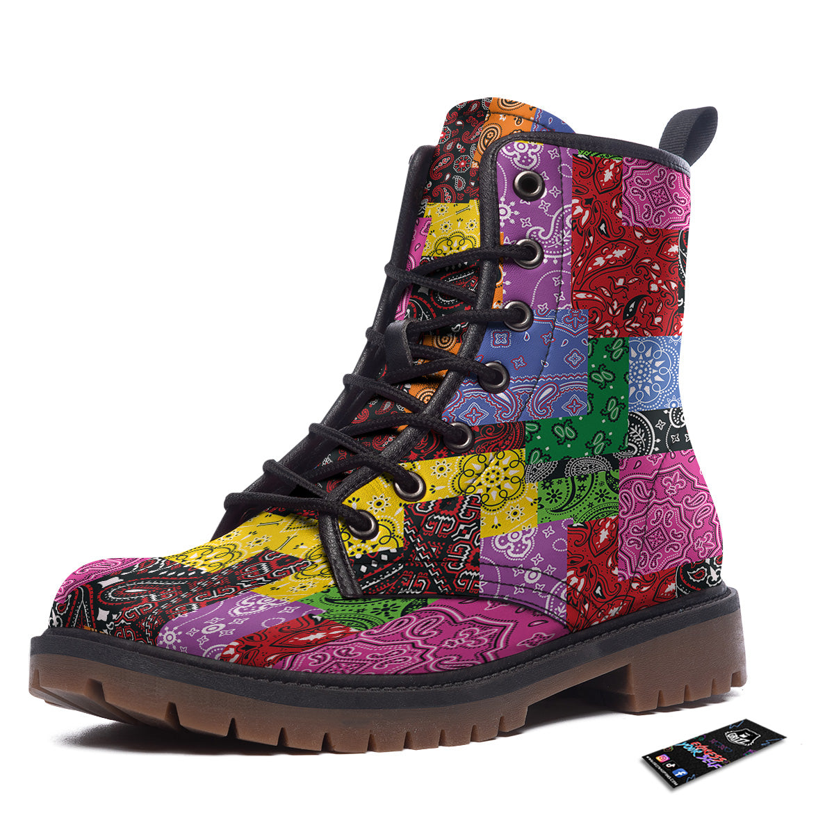Colorful Patchwork Bandanna Print Pattern Work Boots-grizzshop