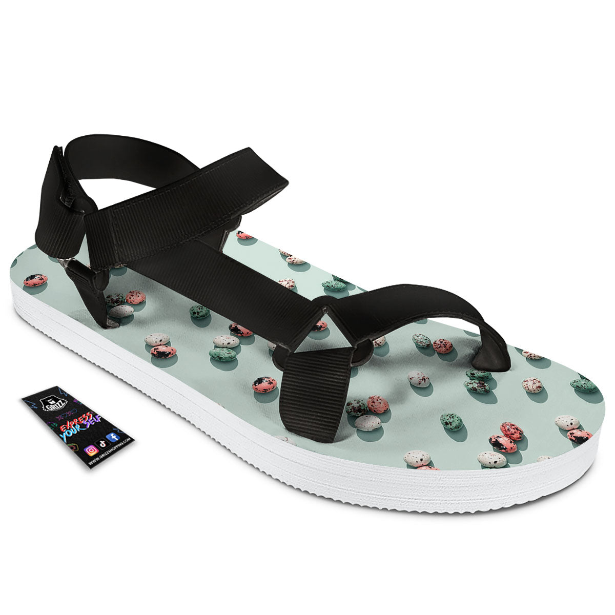 Colorful Pile Of Easter Eggs Print Pattern Black Open Toe Sandals-grizzshop