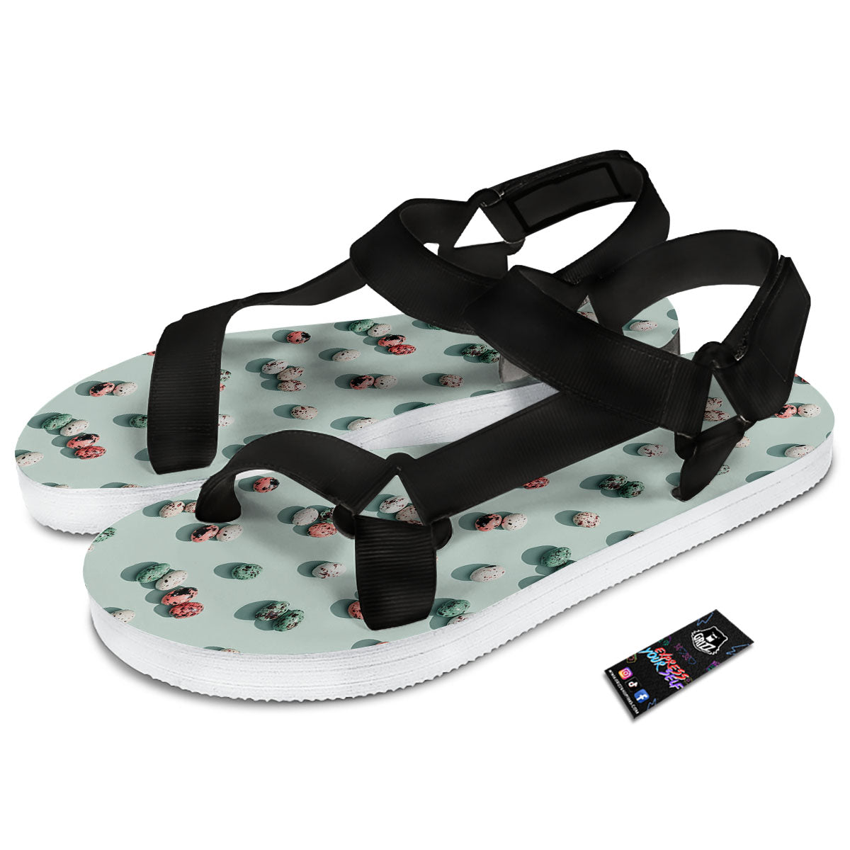 Colorful Pile Of Easter Eggs Print Pattern Black Open Toe Sandals-grizzshop