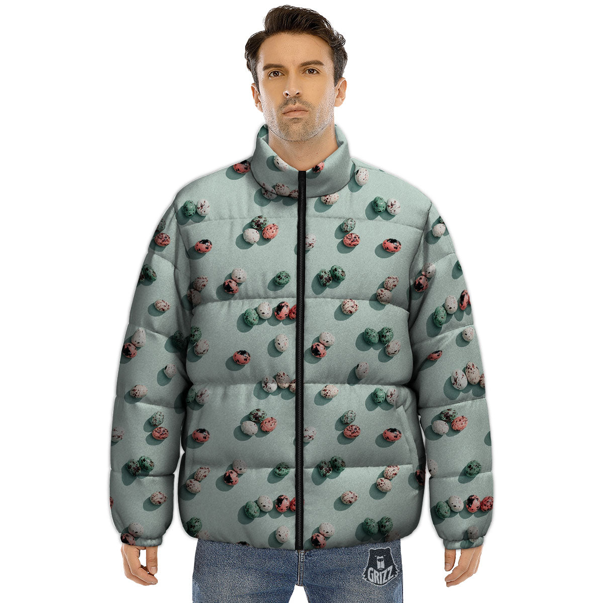 Colorful Pile Of Easter Eggs Print Pattern Puffer Jacket-grizzshop