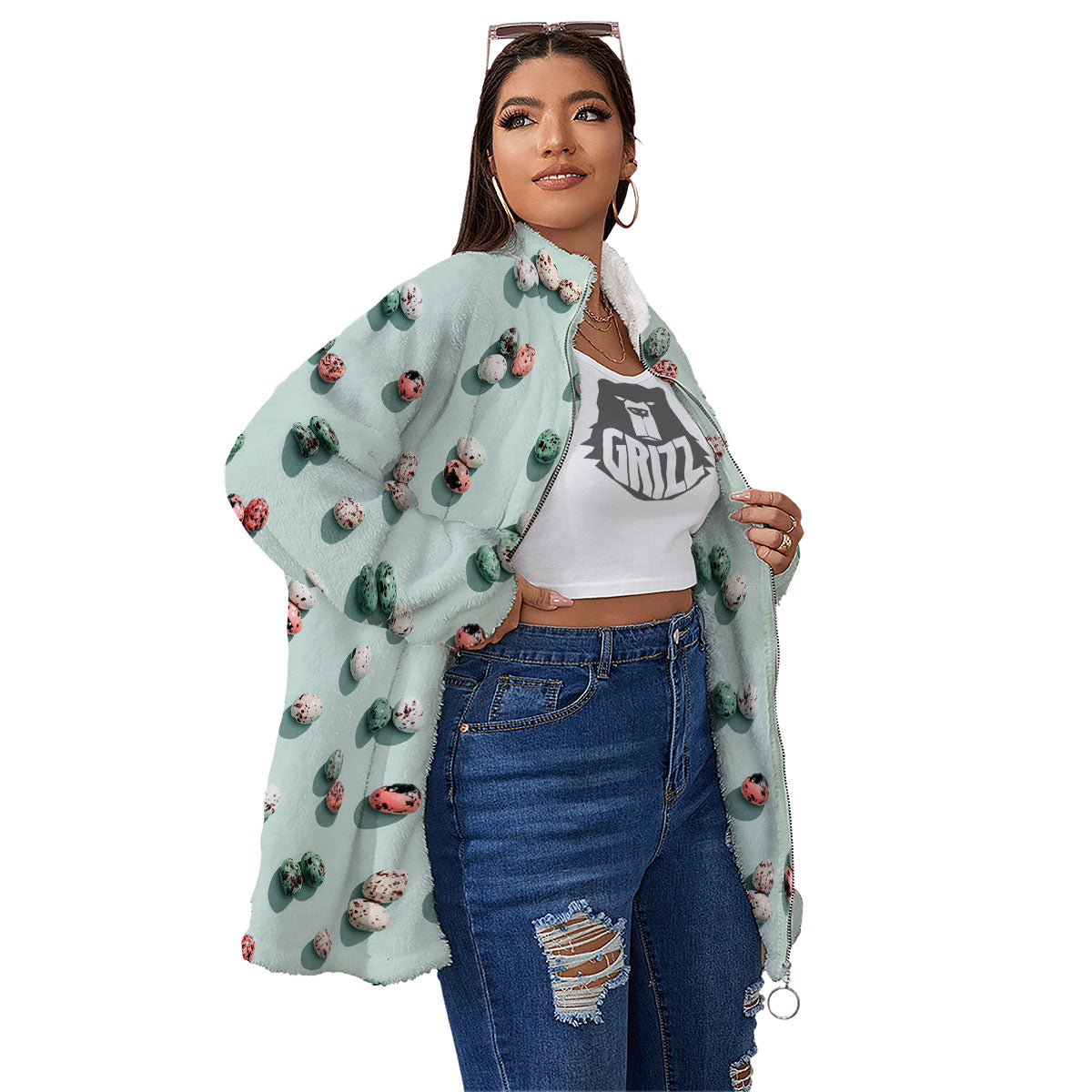 Colorful Pile Of Easter Eggs Print Pattern Women's Sherpa Jacket-grizzshop