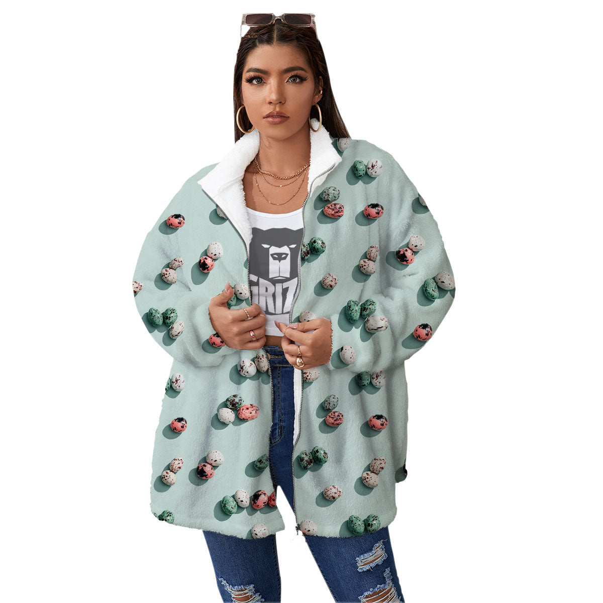 Colorful Pile Of Easter Eggs Print Pattern Women's Sherpa Jacket-grizzshop