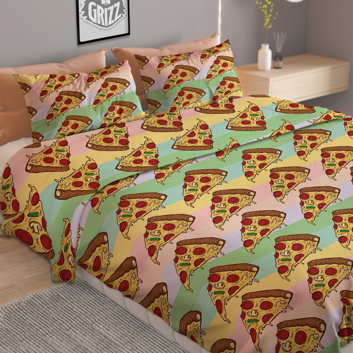 Colorful Pizza And Stiped Pastel Print Pattern Duvet Cover Bedding Set
