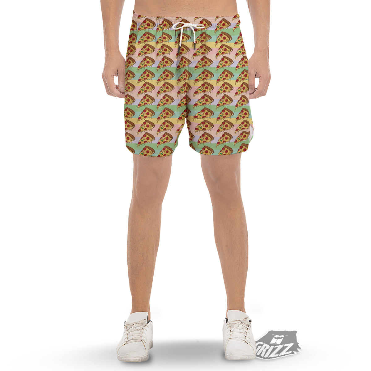 Colorful Pizza And Stiped Pastel Print Pattern Men's Gym Shorts-grizzshop