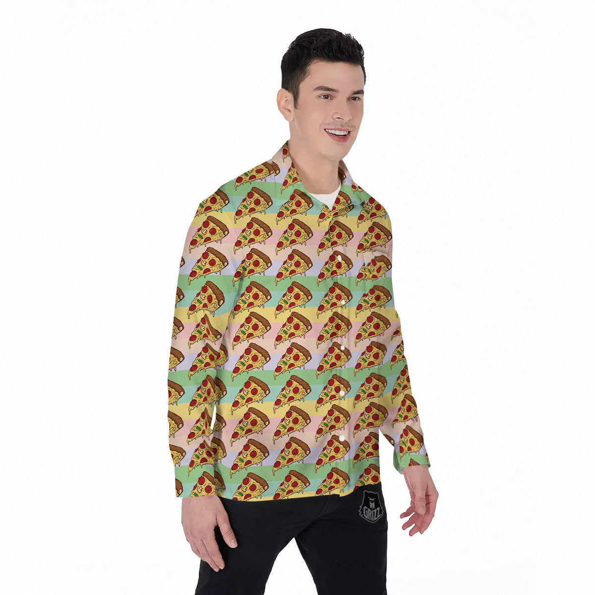 Colorful Pizza And Stiped Pastel Print Pattern Men's Long Sleeve Shirts-grizzshop