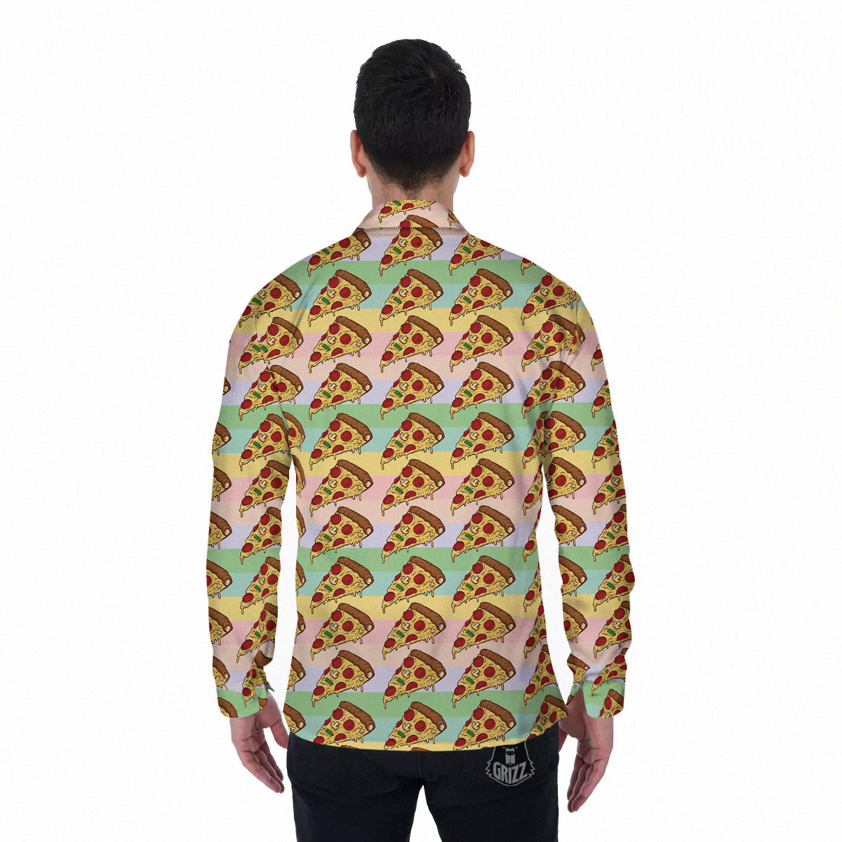 Colorful Pizza And Stiped Pastel Print Pattern Men's Long Sleeve Shirts-grizzshop