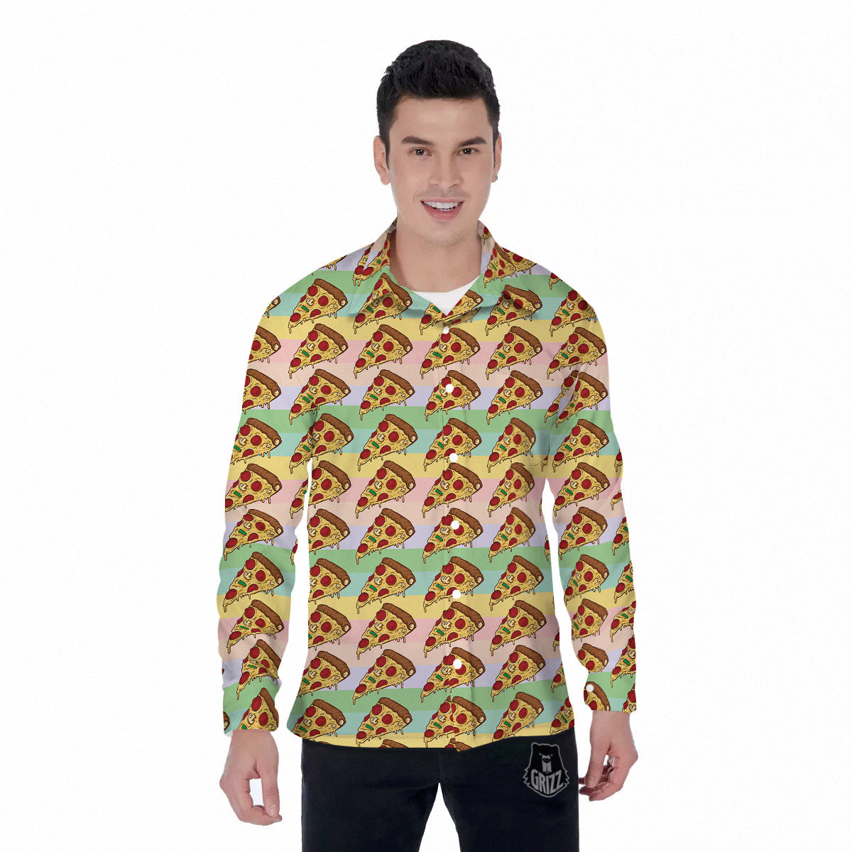 Colorful Pizza And Stiped Pastel Print Pattern Men's Long Sleeve Shirts-grizzshop
