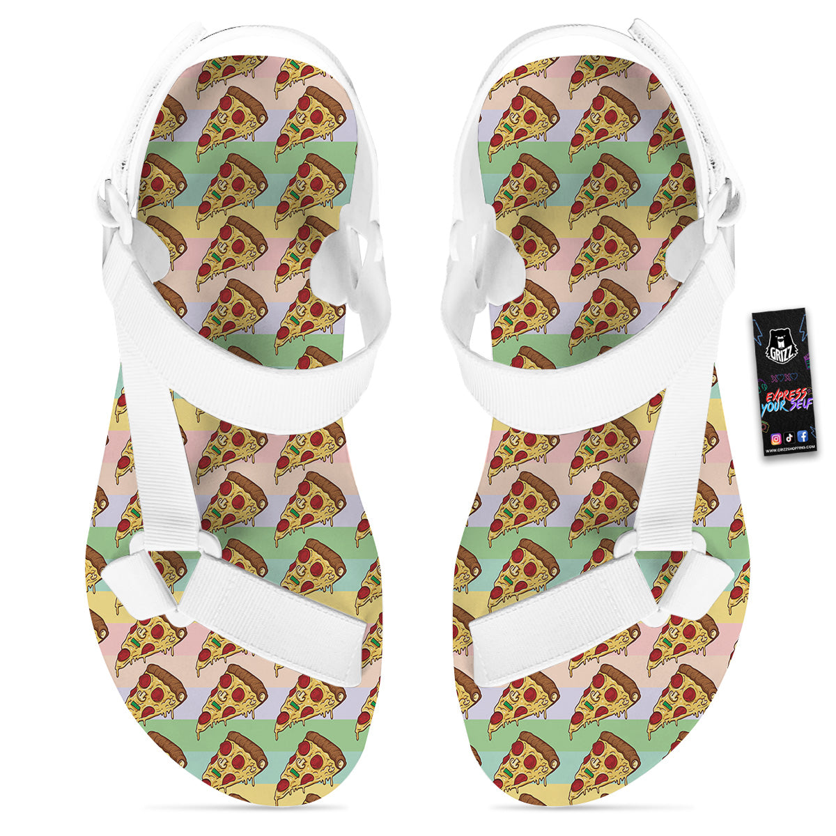 Colorful Pizza And Stiped Pastel Print Pattern White Open Toe Sandals-grizzshop