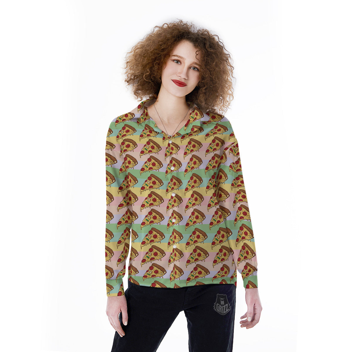 Colorful Pizza And Stiped Pastel Print Pattern Women's Long Sleeve Shirts-grizzshop