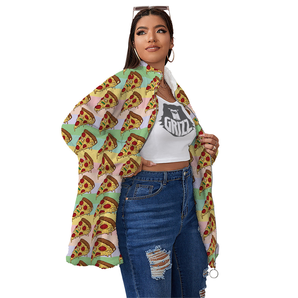 Colorful Pizza And Stiped Pastel Print Pattern Women's Sherpa Jacket-grizzshop