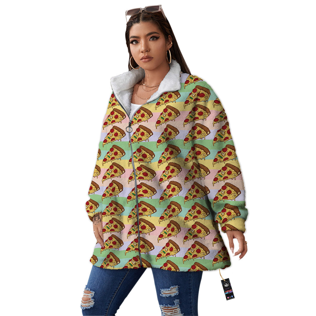 Colorful Pizza And Stiped Pastel Print Pattern Women's Sherpa Jacket-grizzshop