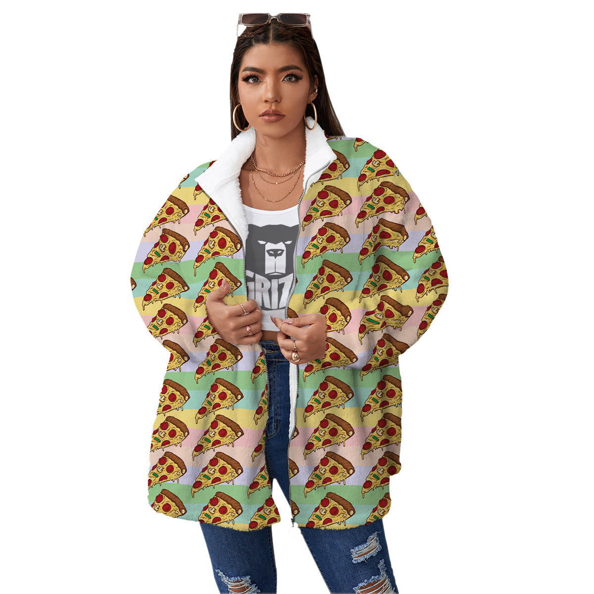 Colorful Pizza And Stiped Pastel Print Pattern Women's Sherpa Jacket-grizzshop