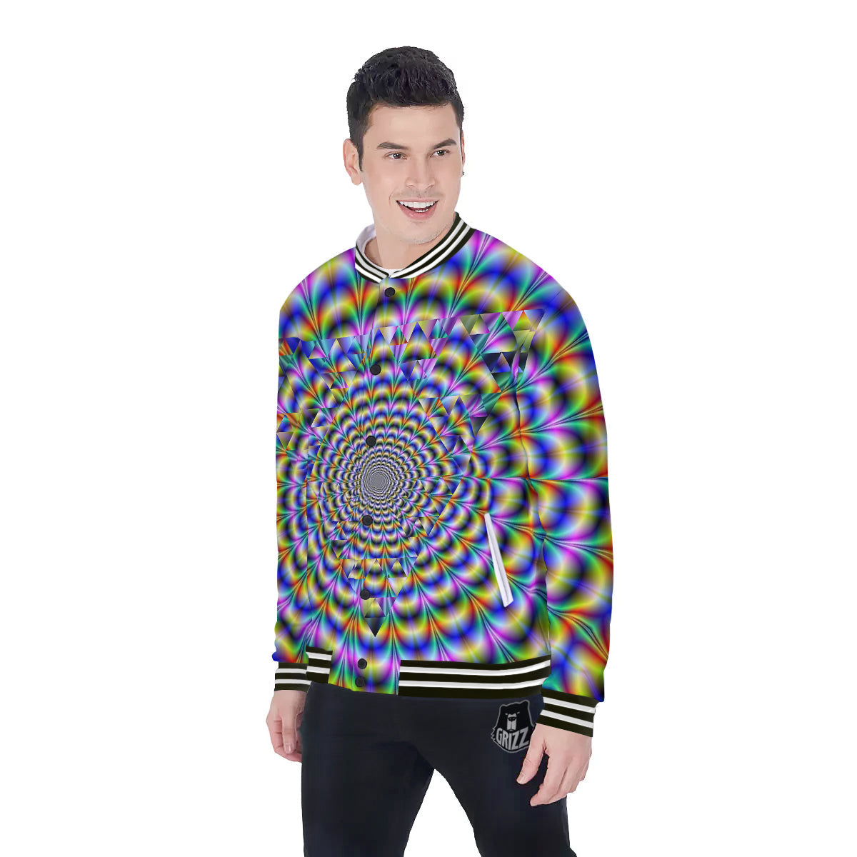 Colorful Psychedelic And Triangle Print Baseball Jacket-grizzshop