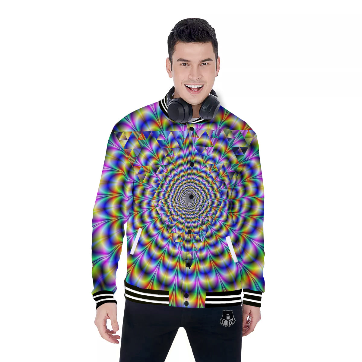 Colorful Psychedelic And Triangle Print Baseball Jacket-grizzshop
