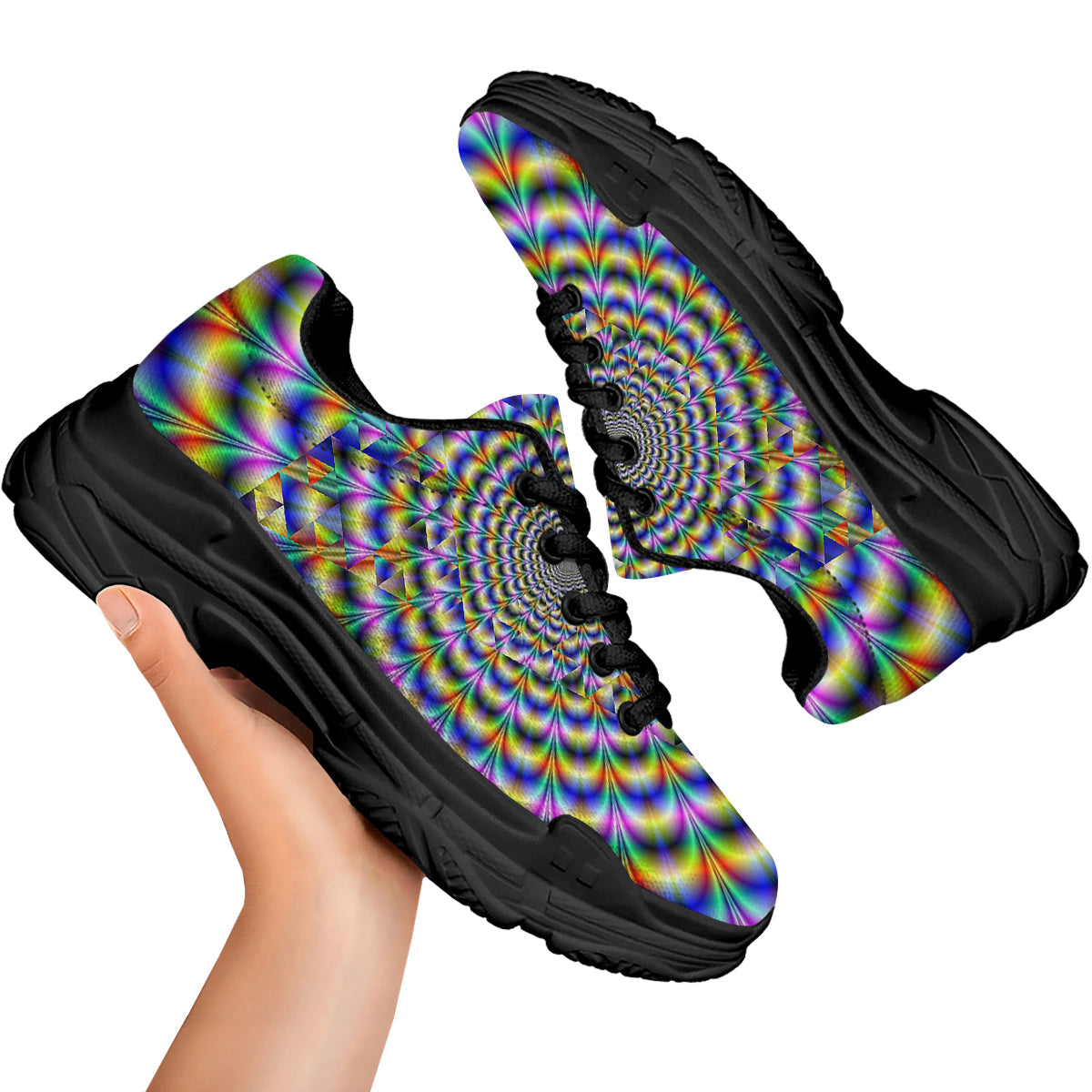 Colorful Psychedelic And Triangle Print Black Chunky Shoes-grizzshop