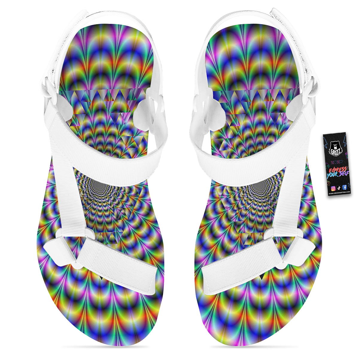 Colorful Psychedelic And Triangle Print White Open Toe Sandals-grizzshop