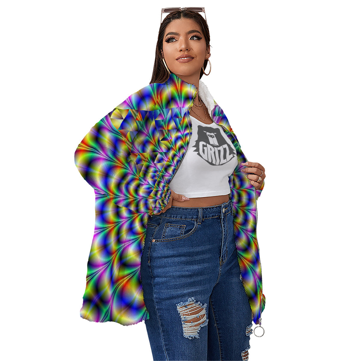 Colorful Psychedelic And Triangle Print Women's Sherpa Jacket-grizzshop