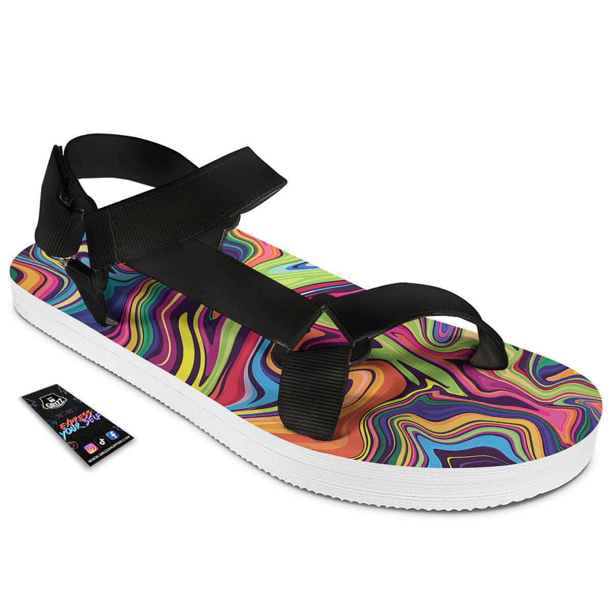 Colorful Psychedelic Print Black Open Toe Sandals-grizzshop