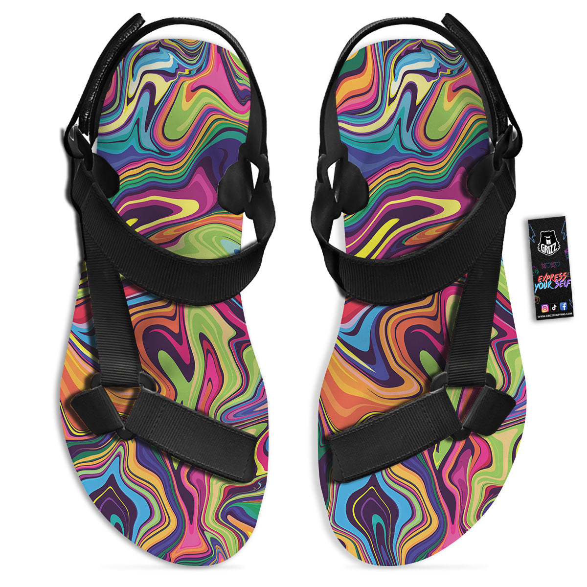Colorful Psychedelic Print Black Open Toe Sandals-grizzshop