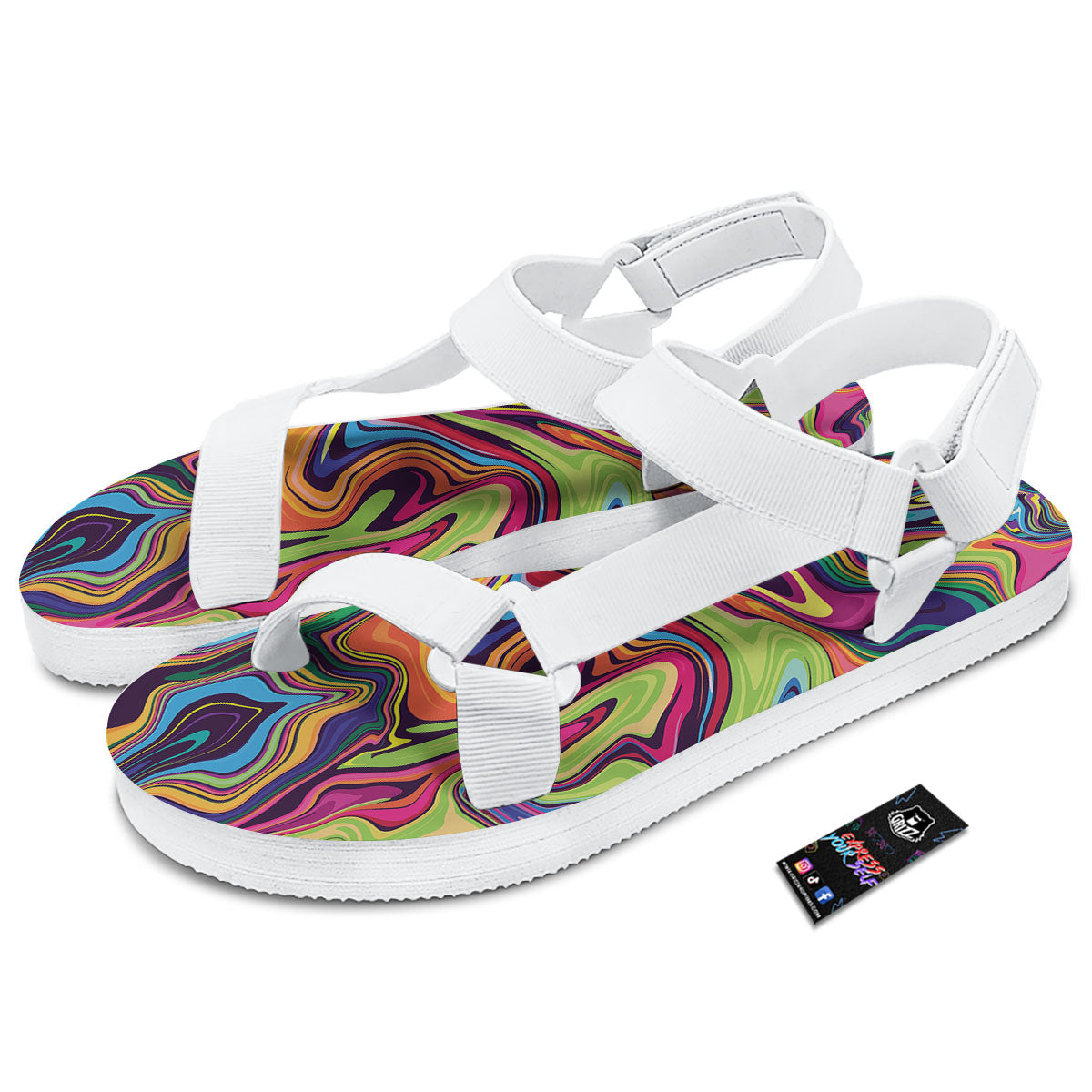Colorful Psychedelic Print White Open Toe Sandals-grizzshop