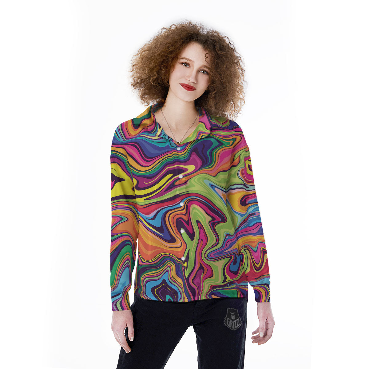 Colorful Psychedelic Print Women's Long Sleeve Shirts-grizzshop