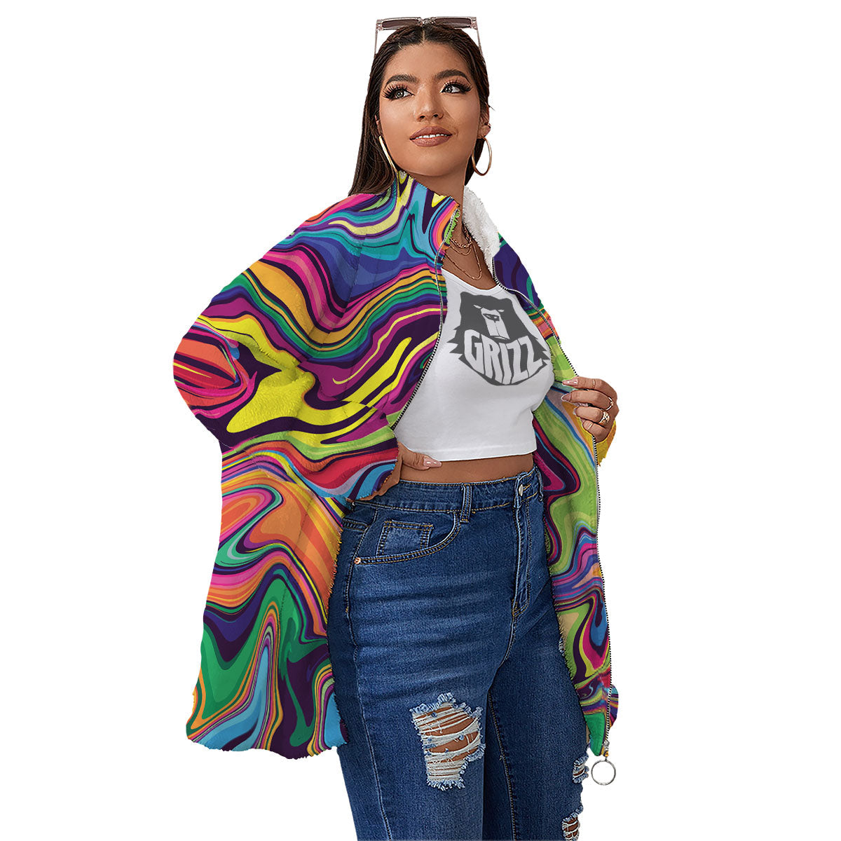 Colorful Psychedelic Print Women's Sherpa Jacket-grizzshop