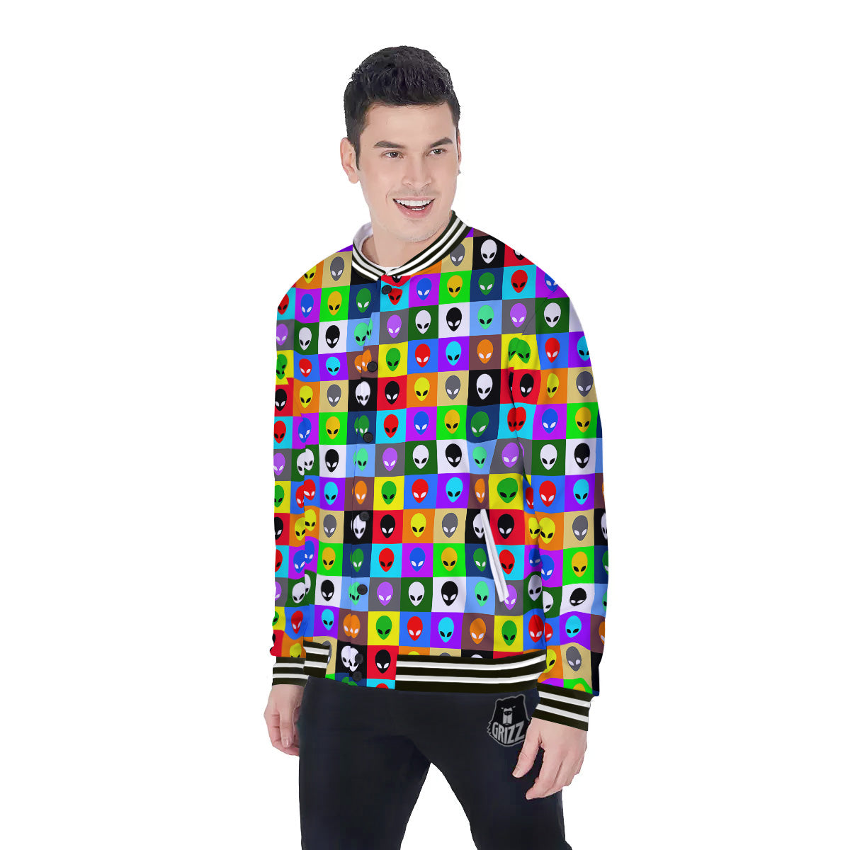 Colorful Retro Aliens Face Print Pattern Baseball Jacket-grizzshop