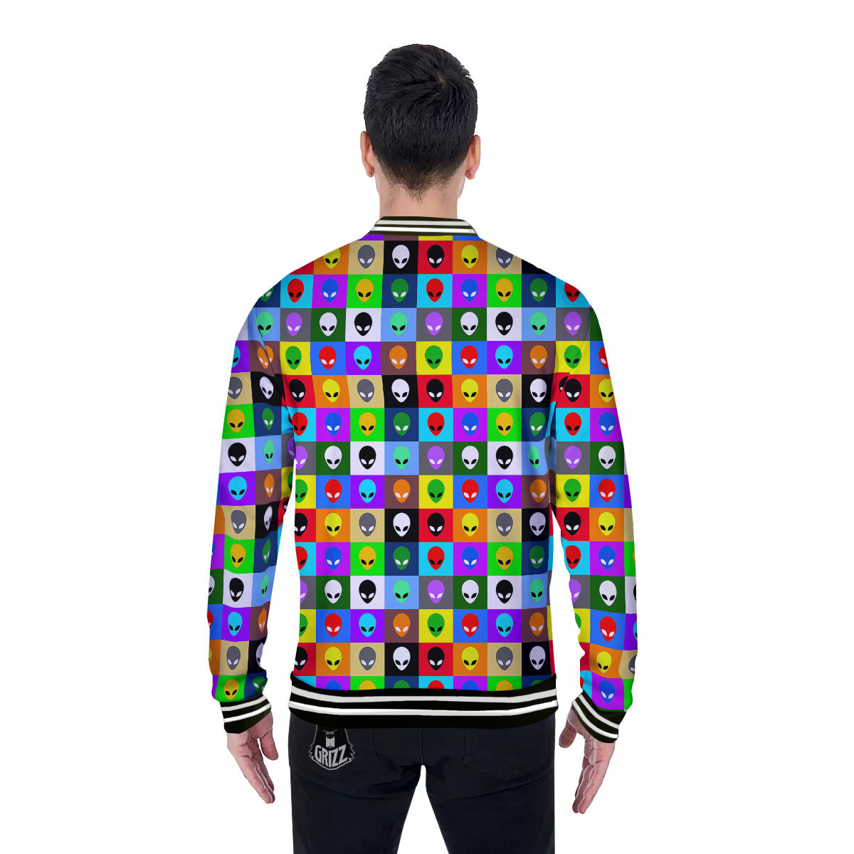 Colorful Retro Aliens Face Print Pattern Baseball Jacket-grizzshop