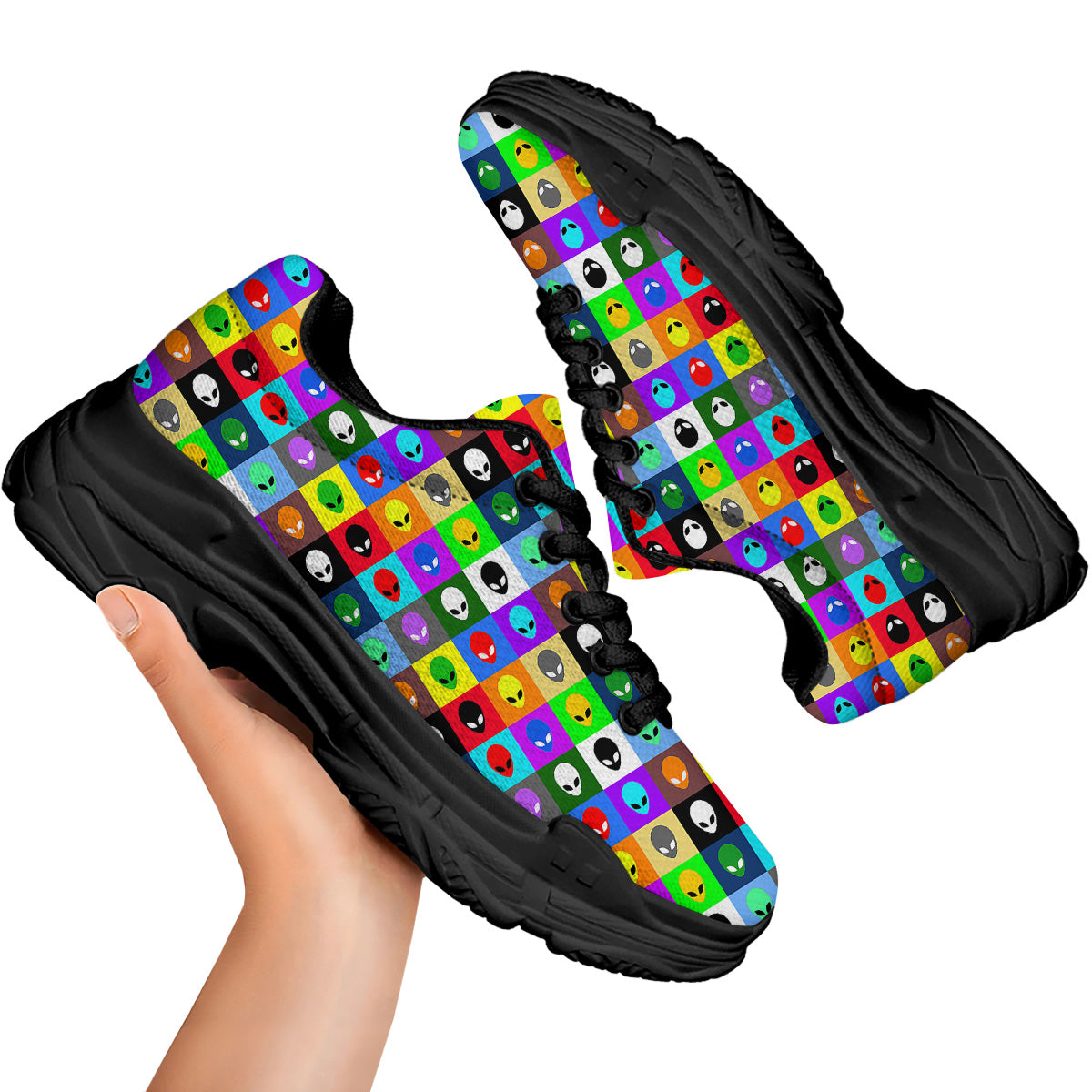 Colorful Retro Aliens Face Print Pattern Black Chunky Shoes-grizzshop