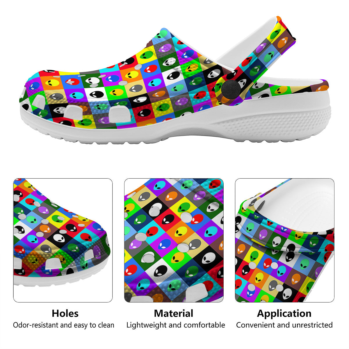 Colorful Retro Aliens Face Print Pattern Clog-grizzshop