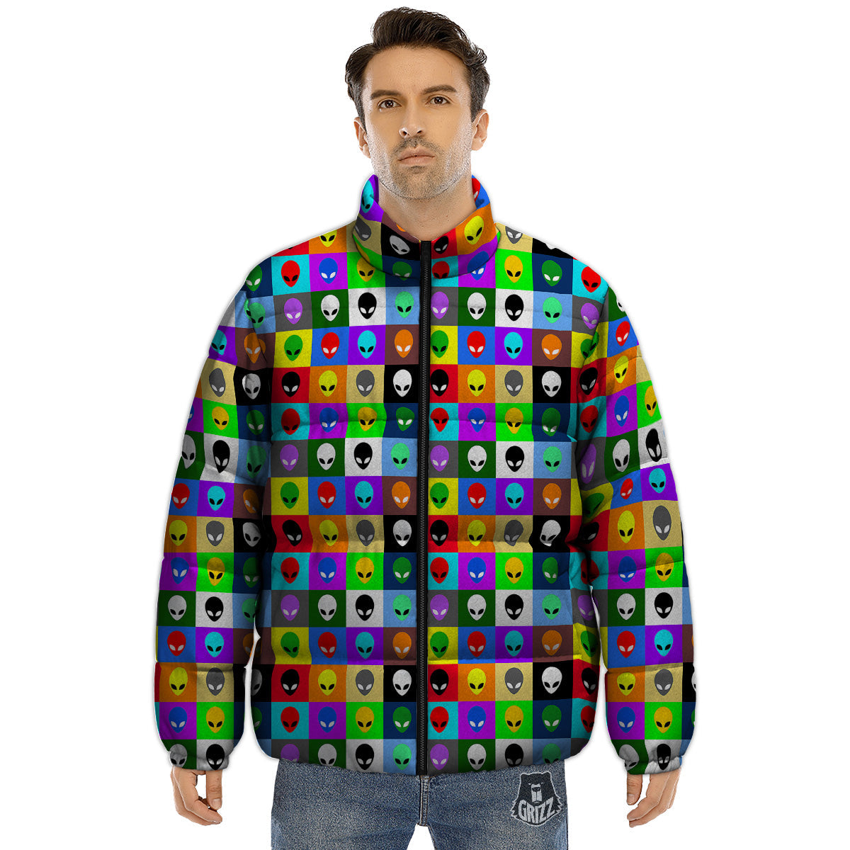 Colorful Retro Aliens Face Print Pattern Puffer Jacket-grizzshop
