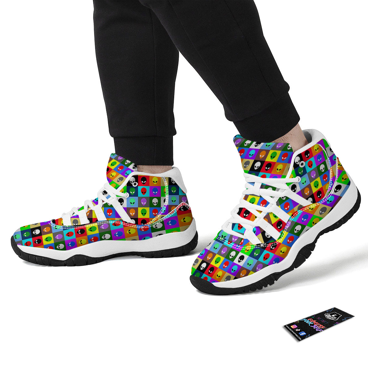 Colorful Retro Aliens Face Print Pattern White Bball Shoes-grizzshop