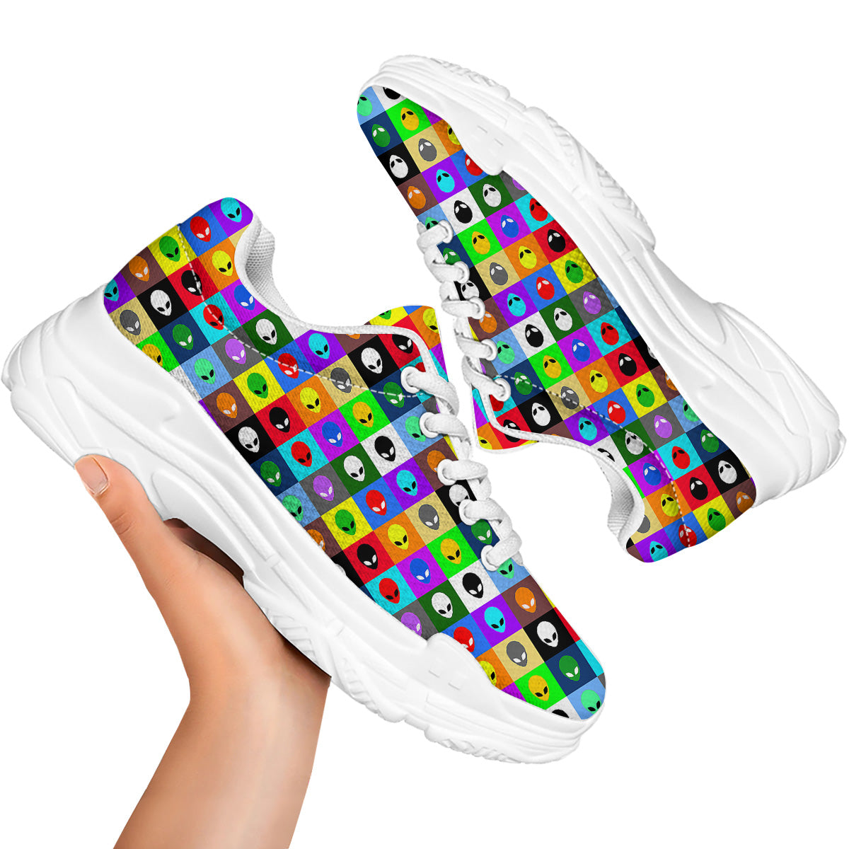 Colorful Retro Aliens Face Print Pattern White Chunky Shoes-grizzshop