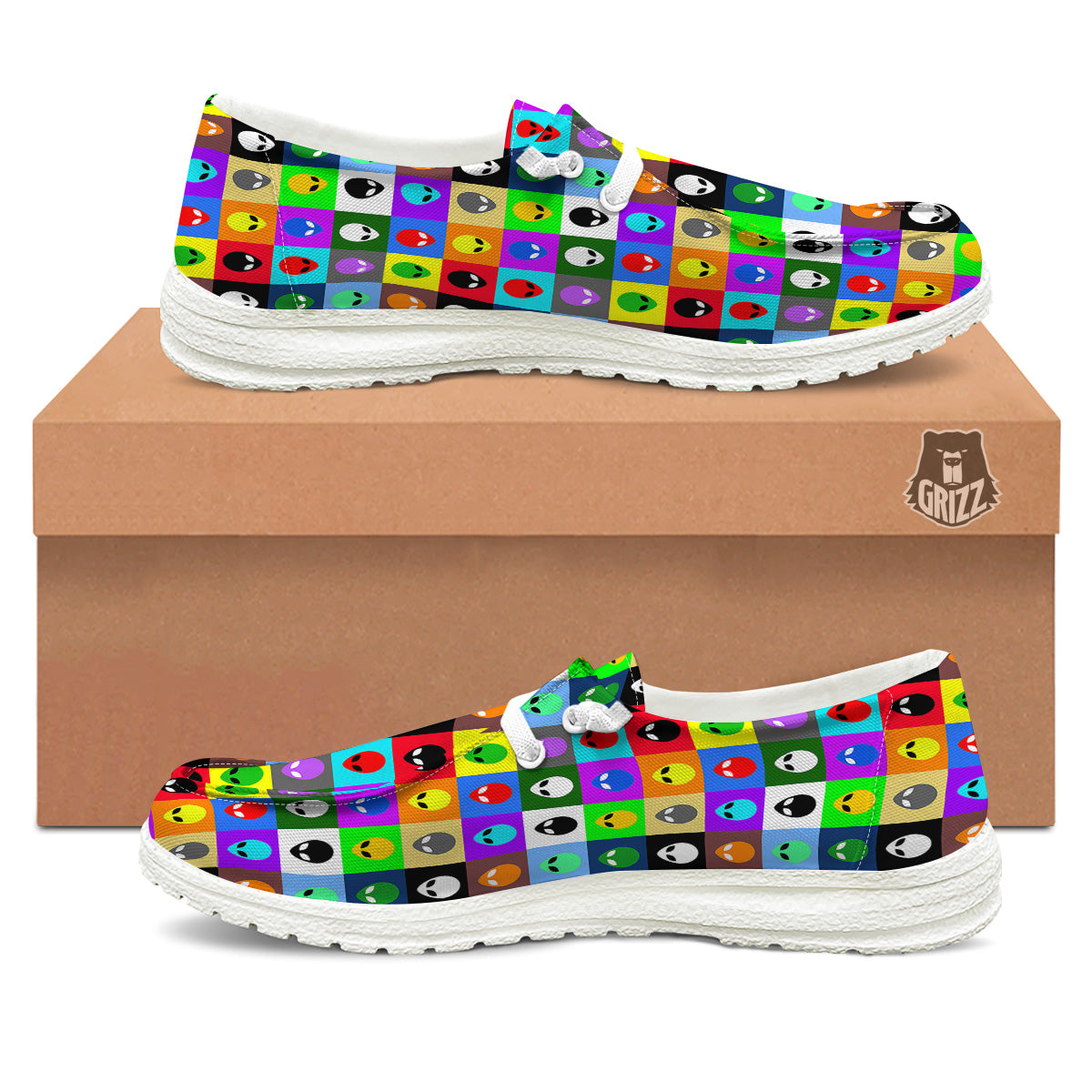 Colorful Retro Aliens Face Print Pattern White Loafers-grizzshop