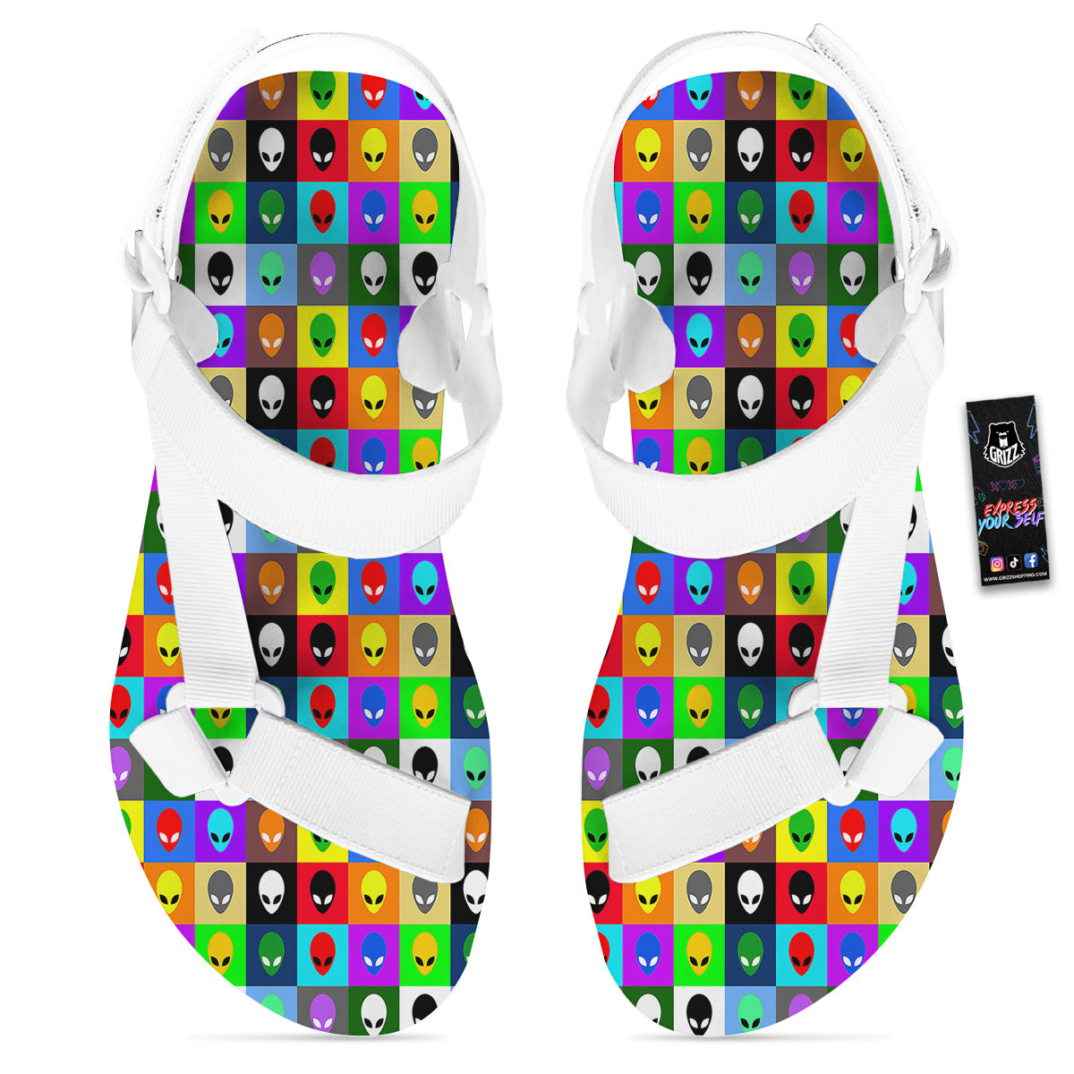 Colorful Retro Aliens Face Print Pattern White Open Toe Sandals-grizzshop