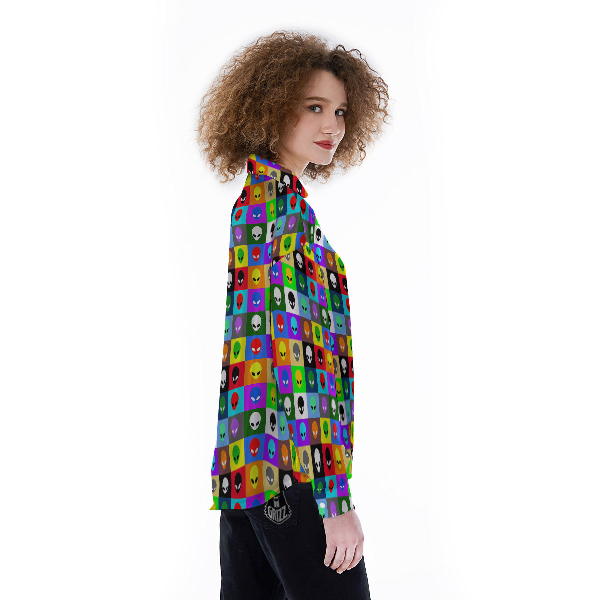 Colorful Retro Aliens Face Print Pattern Women's Long Sleeve Shirts-grizzshop