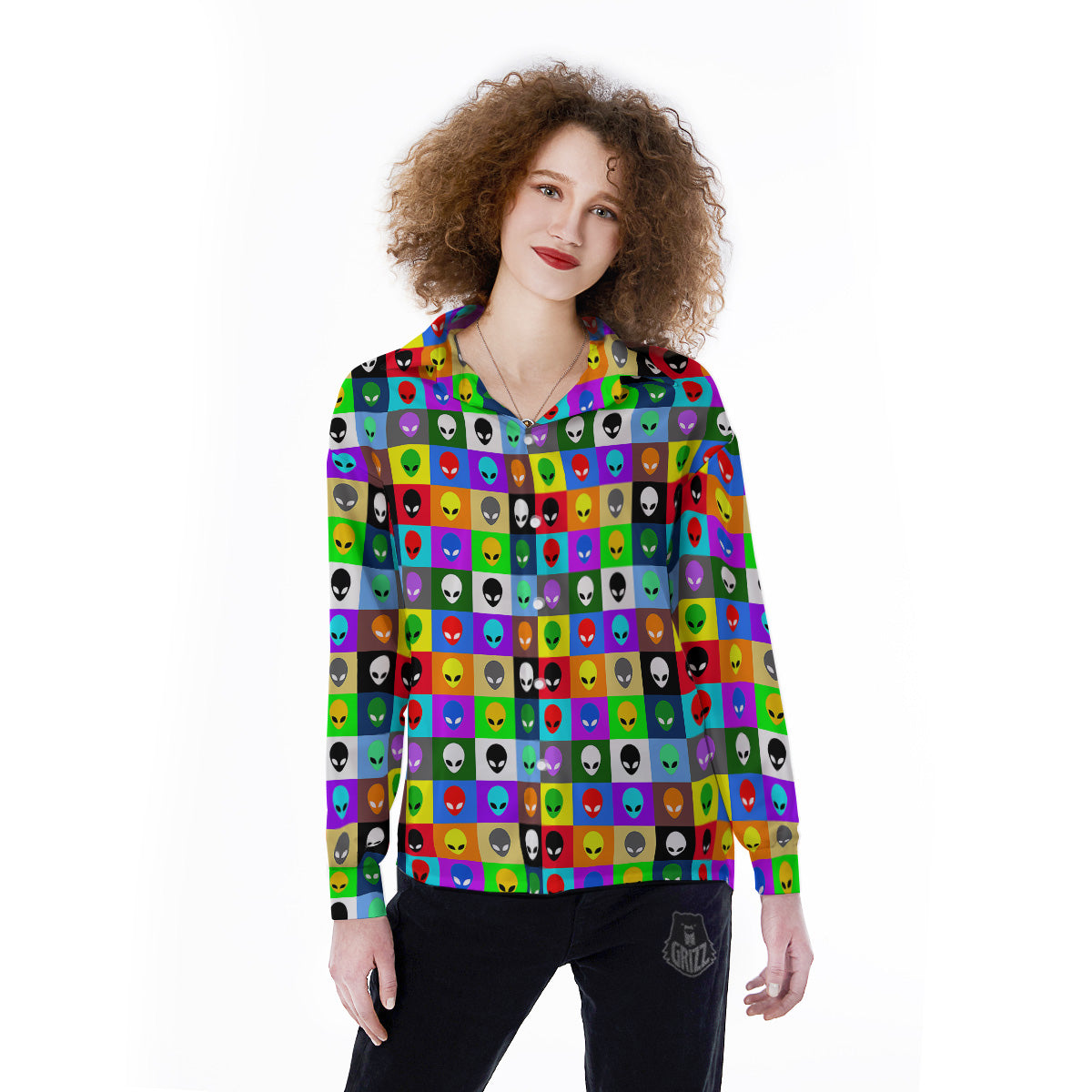 Colorful Retro Aliens Face Print Pattern Women's Long Sleeve Shirts-grizzshop