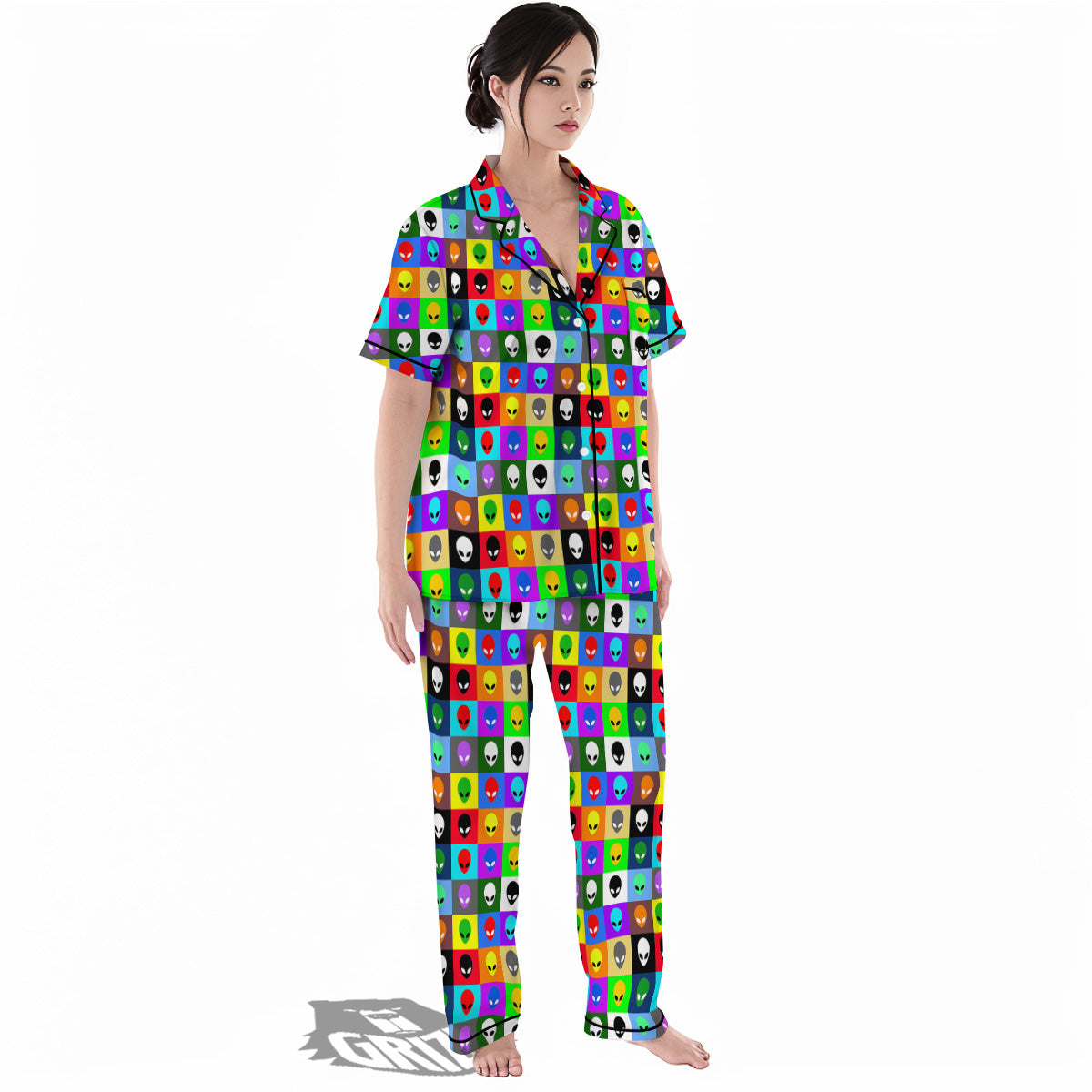Colorful Retro Aliens Face Print Pattern Women's Pajamas Set-grizzshop