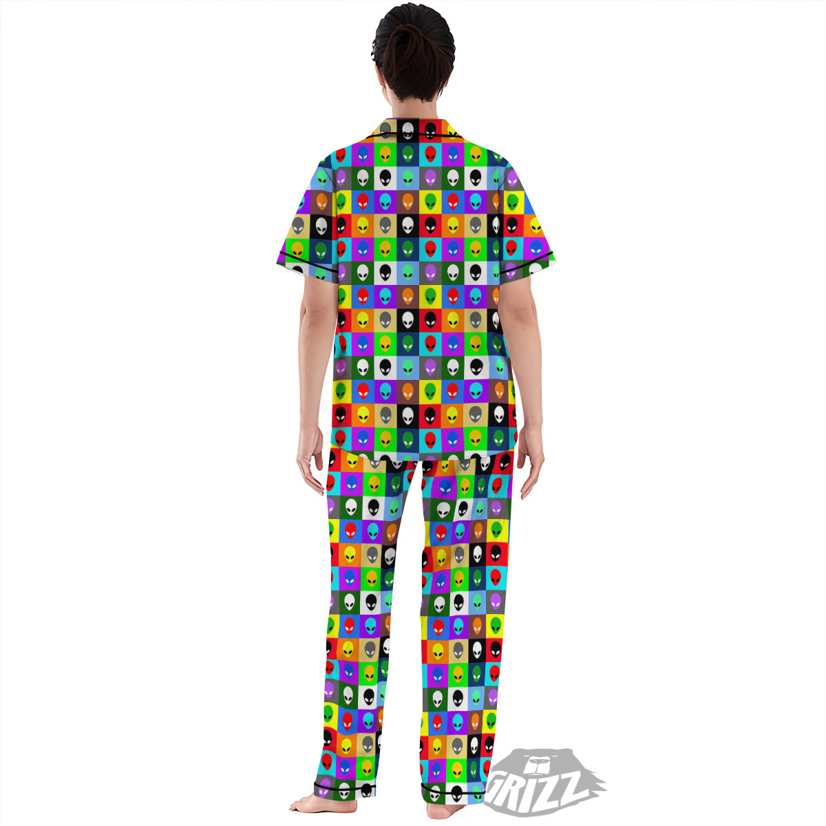 Colorful Retro Aliens Face Print Pattern Women's Pajamas Set-grizzshop
