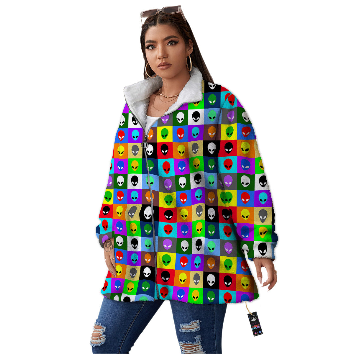 Colorful Retro Aliens Face Print Pattern Women's Sherpa Jacket-grizzshop