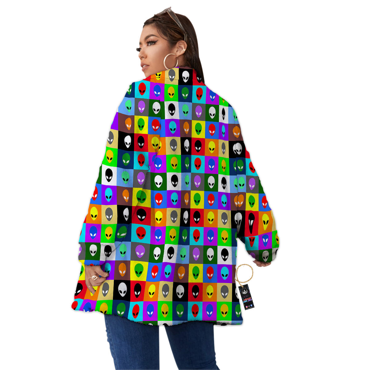 Colorful Retro Aliens Face Print Pattern Women's Sherpa Jacket-grizzshop