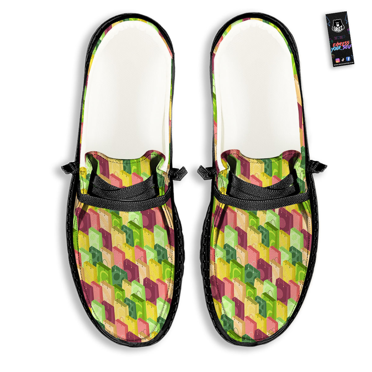 Colorful Shopping Bags Print Pattern Black Loafers-grizzshop