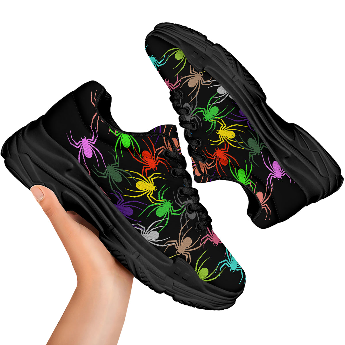 Colorful Spider And Spiral Web Print Black Chunky Shoes-grizzshop
