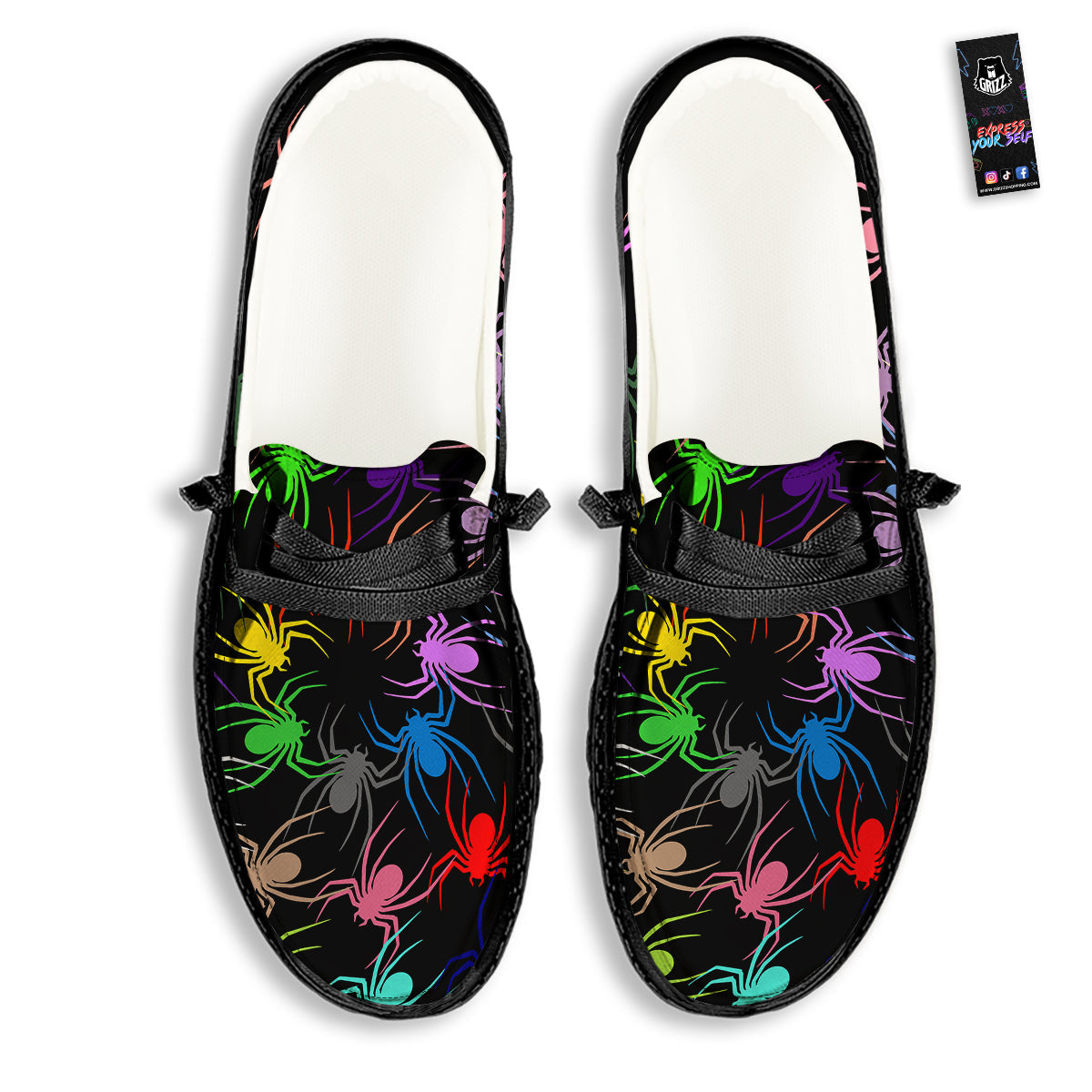 Colorful Spider And Spiral Web Print Black Loafers-grizzshop