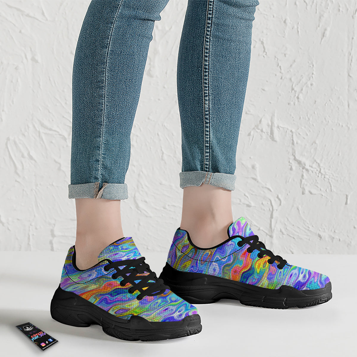 Colorful Tie Dye Wavy Hippie Print Black Chunky Shoes-grizzshop