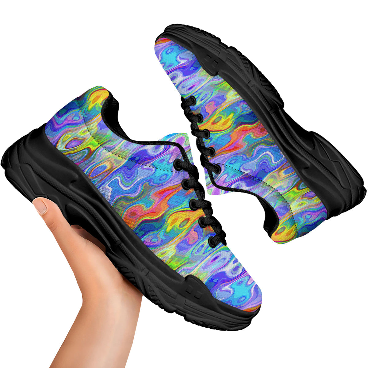 Colorful Tie Dye Wavy Hippie Print Black Chunky Shoes-grizzshop